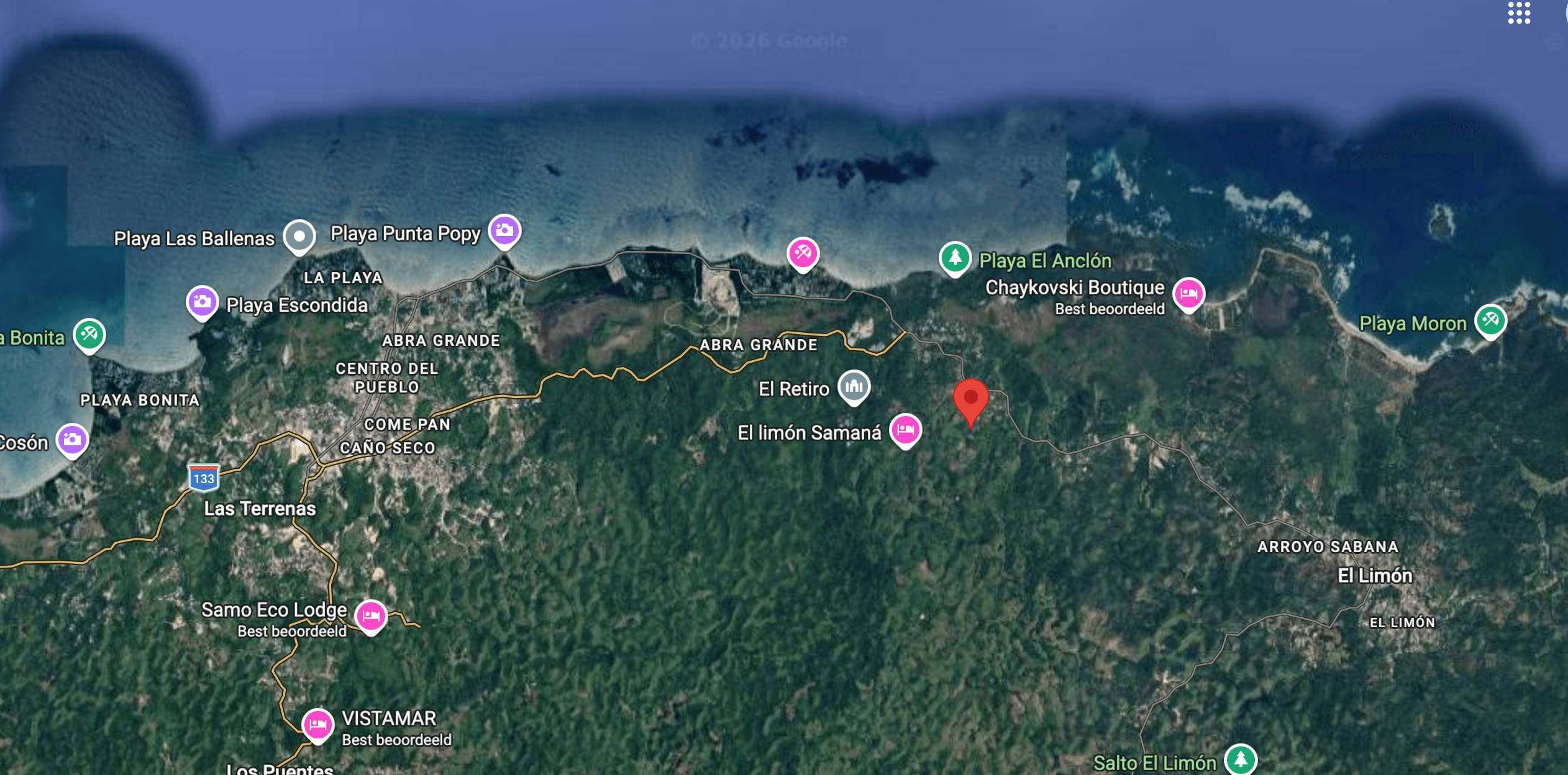 Satellite map showing Samanea Lofts in the hills between Las Terrenas and El Limón