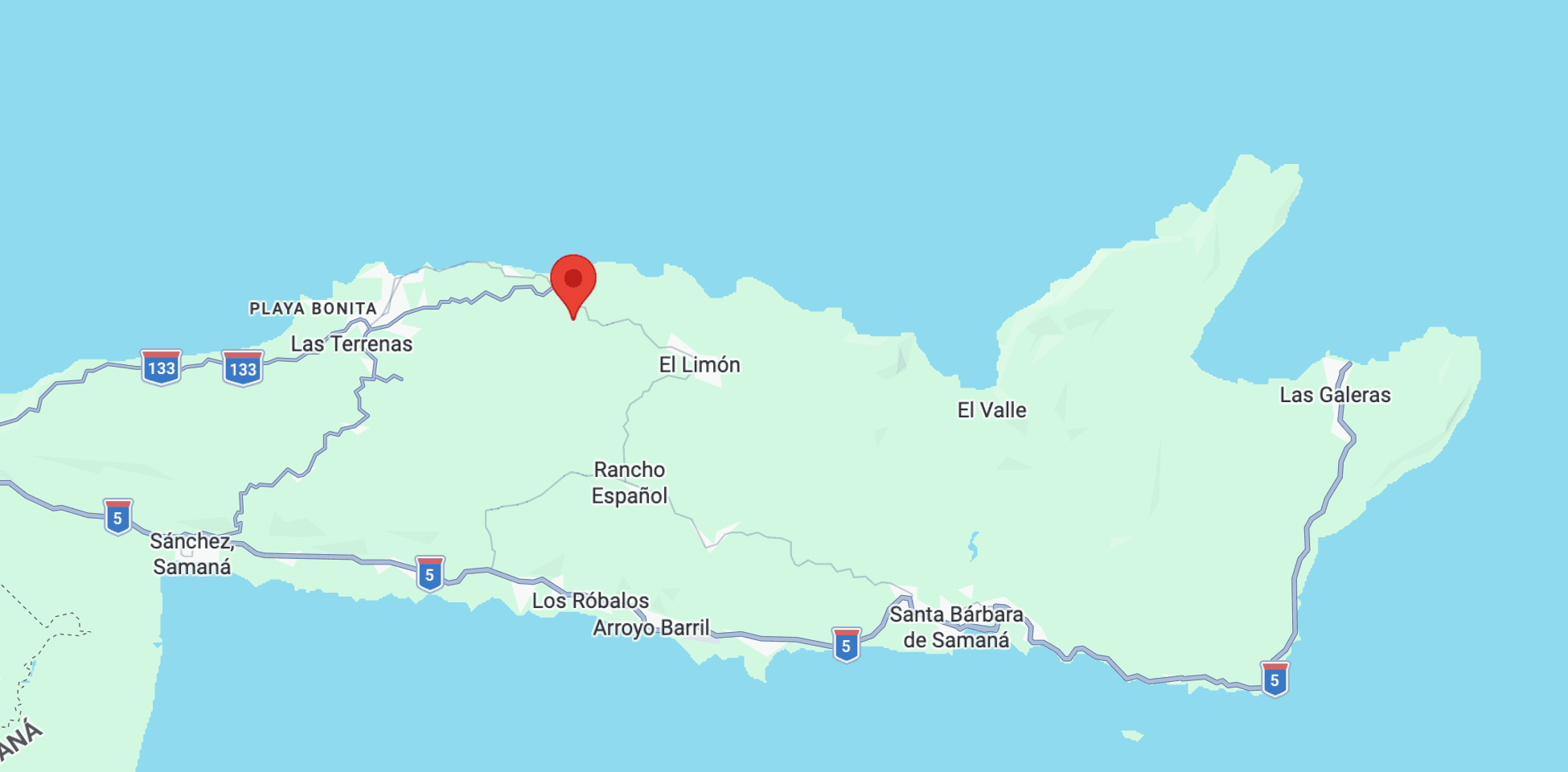 Map of the Samaná peninsula showing Samanea Lofts between Las Terrenas and El Limón