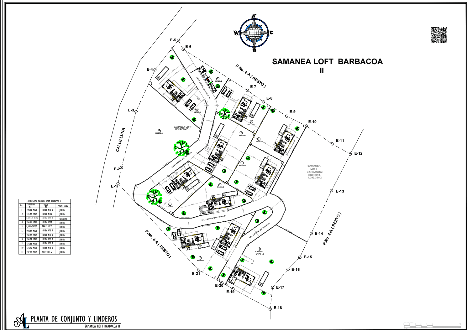 Registered lotification drawing for Samanea Loft Barbacoa II showing plot boundaries and the internal road